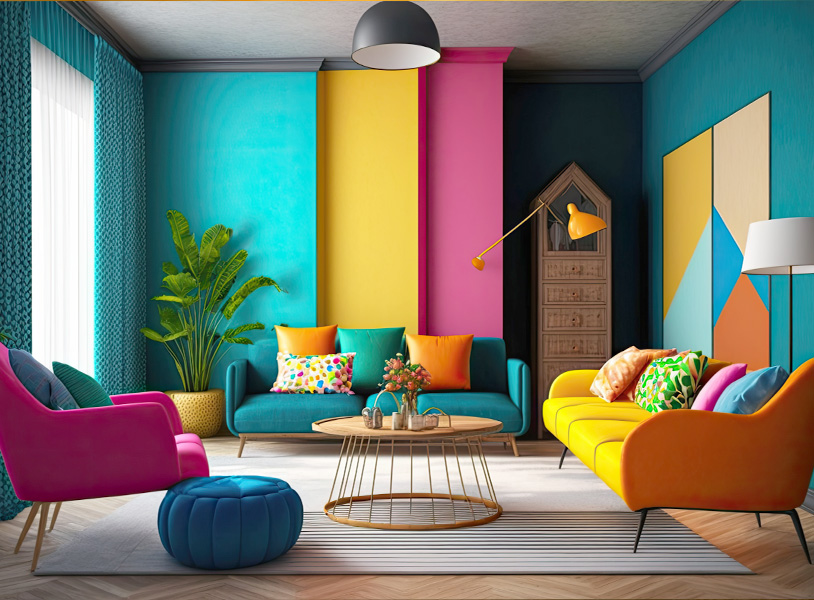 Das Bild zeigt eine farbliche Gestaltung eines Muster-Wohnraumes passend zur gewünschten Inneneinrichtung, der von Stuckateuren des Bundesverbandes für Ausbau und Fassade durch Malerarbeiten individuell gestaltet und aufgewertet werden kann.